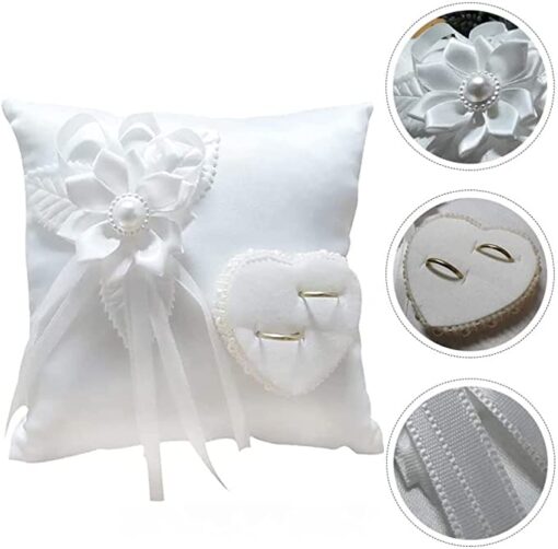 Coussin pour Bagues Mariage, Porteur Coussin Bague, Coussin Porte alliance en dentelle, Coussin D’ alliances, Oreiller Anneau de Mariage, pour Bague de Fiançailles ou Alliances, 20cm × 20cm（Blanc） – Image 3