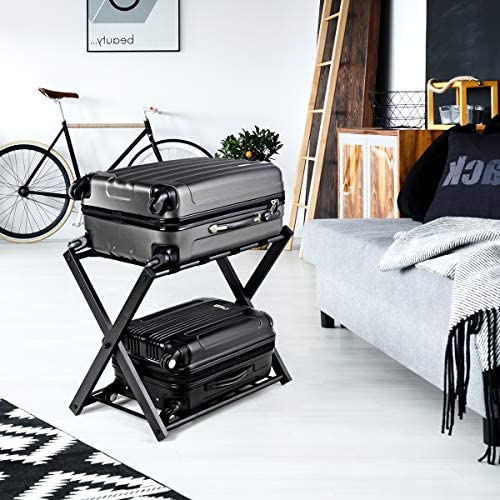 GOPLUS Support de Bagage Pliant en Métal avec 4 Sangles Durables pour Déposer Sacs de Voyages Valises Bagages Chaussures, pour Hôtels, Chambres, Auberges, Gîtes, Capacité de Charge 60KG, Noir (2 PCS) – Image 5