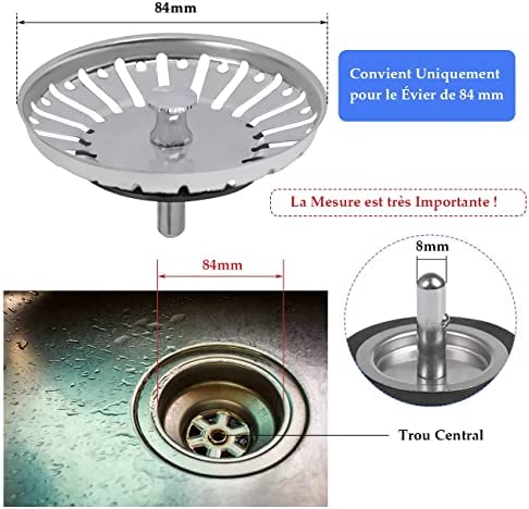 2 Pièces Panier d'évier Ø 84 mm, Bouchon Evier Cuisine INOX Universel, Crépine d'évier de Cuisine Remplacement des Bouchons de Vidange pour Cuisine et Salle de Bain – Image 2