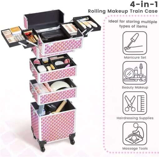 Abician Grande Valise de Maquillage 4 en 1 Mallette Maquillage Professionnelle Beauty Case pour Voyage 4 roulettes Cadre Aluminium Poignée Télescopique Serrures 34× 25,5 × 80,2 cm Rose pailleté – Image 6