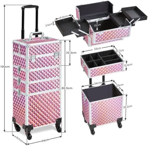 Abician Grande Valise de Maquillage 4 en 1 Mallette Maquillage Professionnelle Beauty Case pour Voyage 4 roulettes Cadre Aluminium Poignée Télescopique Serrures 34× 25,5 × 80,2 cm Rose pailleté – Image 2