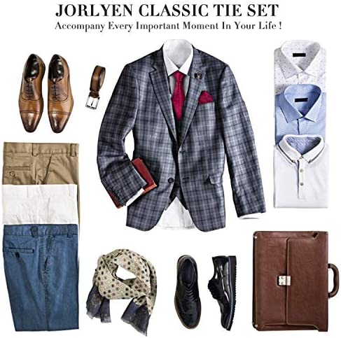 Jorlyen Homme Cravate - Ensemble Cravate en Soie avec Pince à Cravate Argent, Boutons de Manchette et Pochette – Coffret Cadeau-Plusieurs Ensembles – Image 5