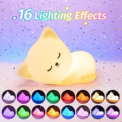 Veilleuse Bébé Veilleuse Enfant Kawaii Deco Chambre Fille, 16 Couleurs Veilleuse Chat Veilleuse Bébé Lampe de Chevet Enfant, Veilleuse Bébé Veilleuse Chat Kawaii Decor, Veilleuse BeBe Cadeau Fille – Image 2