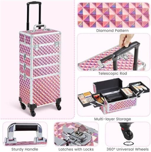 Abician Grande Valise de Maquillage 4 en 1 Mallette Maquillage Professionnelle Beauty Case pour Voyage 4 roulettes Cadre Aluminium Poignée Télescopique Serrures 34× 25,5 × 80,2 cm Rose pailleté – Image 5