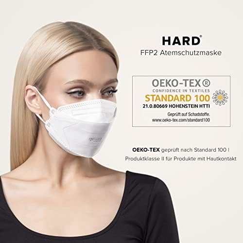 HARD Mask Masque respiratoire FFP2 | Fabriqué en Allemagne | Respirateur | taille standard | Filtration 99,5% | ÖKO-TEX | emballage scellé NON individuellement - Blanc - 20 pièces – Image 6