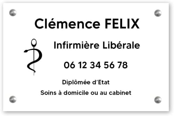 Plaque professionnelle personnalisée avec logo pour infirmière libérale - Blanche lettres noires Vis + chevilles + cache vis