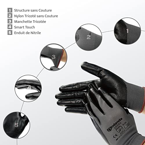 ANDANDA Gants de Travail Enduit de Nitrile, 12 Paires, Provide Revêtement Antidérapant, Excellente Adhérence, Gants Protections, Ideal pour l'Entreposage, la Logistique, l'Assemblage, L – Image 2