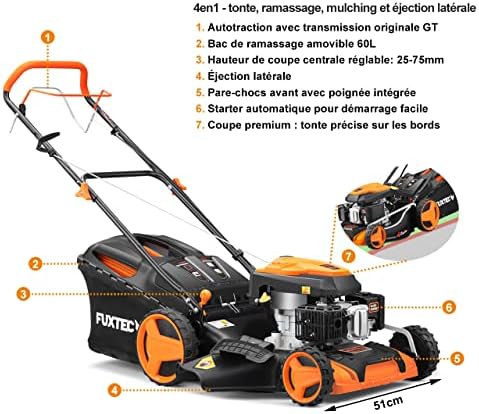 FUXTEC tondeuse thermique FX-RM5196 avec largeur de travail 51cm transmission GT autopropulsée puissante cylindrée 196cm3 Easy Clean 4en1 6CV / 4,4KW mulching/bac de ramssage 60L – Image 5