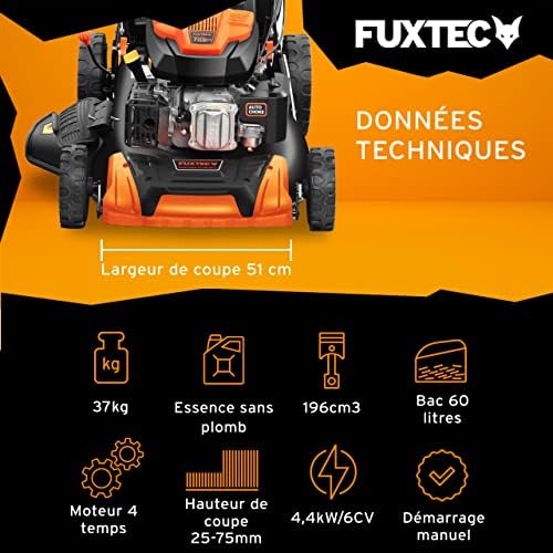 FUXTEC tondeuse thermique FX-RM5196 avec largeur de travail 51cm transmission GT autopropulsée puissante cylindrée 196cm3 Easy Clean 4en1 6CV / 4,4KW mulching/bac de ramssage 60L – Image 3