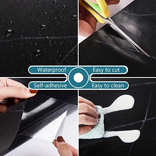 VEELIKE PVC Autocollant de Carrelage de Salle de Bain étanche pour Mur Amovible Autocollant de Sol en Marbre Noir Auto-adhésif pour Dosseret de Cuisine étanche à l'huile 4 Pièces 30cm x 30cm – Image 4