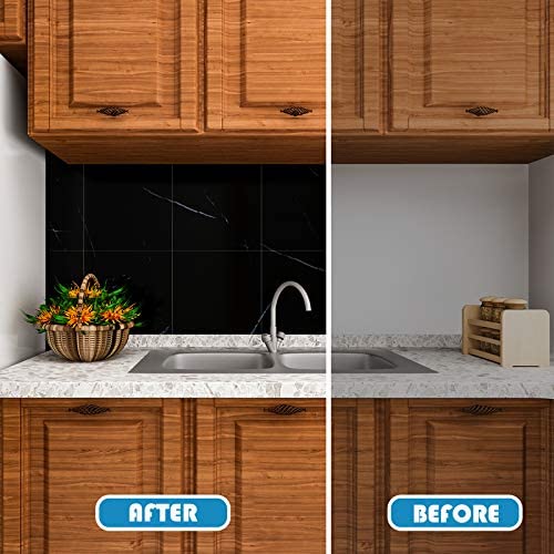 VEELIKE PVC Autocollant de Carrelage de Salle de Bain étanche pour Mur Amovible Autocollant de Sol en Marbre Noir Auto-adhésif pour Dosseret de Cuisine étanche à l'huile 4 Pièces 30cm x 30cm – Image 3