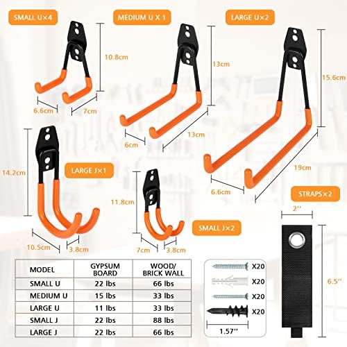 Kitmiido Organisez Votre Garage Avec Notre Lot de 12 Crochets en Acier Robustes - Support Mural et Organisateur D'outils Pour Pelles, Vélos, Outils, Cordes, Tondeuses à Gazon et Plus Encore – Image 2