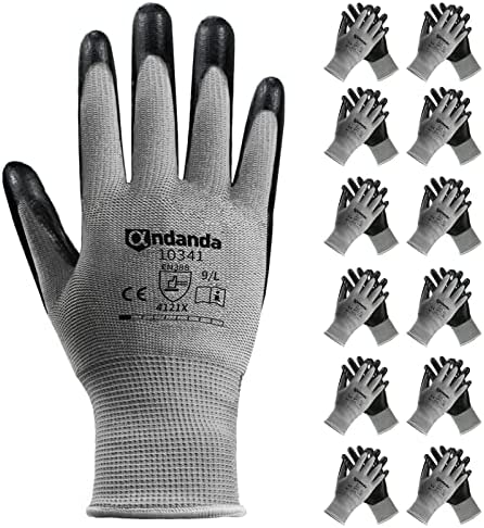 ANDANDA Gants de Travail Enduit de Nitrile, 12 Paires, Provide Revêtement Antidérapant, Excellente Adhérence, Gants Protections, Ideal pour l'Entreposage, la Logistique, l'Assemblage, L