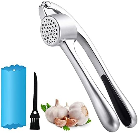 Presse à ail – Concasseur à ail en Trongle avec éplucheur facile, épais et durable en alliage de zinc résistant et poignées faciles à presser pour la maison, la cuisine et la maison.