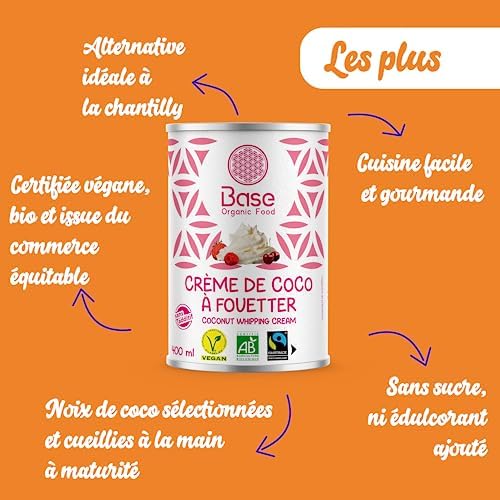 Crème de Coco BIO à Fouetter 24% mg 400ml | Sans additifs | Sans OGM | Vegan | Equitable | Mascarpone | Chantilly | Pâtisserie Facile | Nappage | Tiramisu|Fraisier|Crème Glacée Coco| BASE ORGANIC FOOD – Image 4
