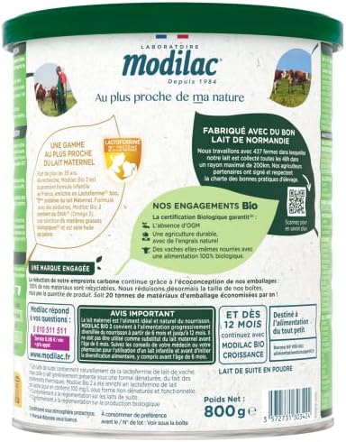 Modilac - Lait Infantile en Poudre Mon Petit Bio Lf+1 - Riche en DHA - Convient en Relais de l'Allaitement - Certifié AB - Fabriqué en France, Sans Huile de Palme - 1er Age, De 0 à 6 Mois - 800g – Image 2