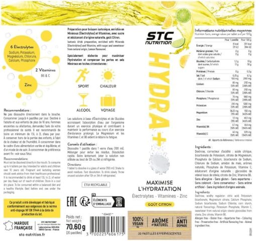 STC NUTRITION - Hydra + - Préparation pour boisson isotonique à base d'électrolytes, vitamines, sucre et édulcorant d'origine naturel - Optimise l'hydratation - Goût Citron - 20 pastilles – Image 3