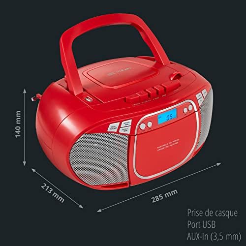 MEDION E66476 Stereo Sound System (Boombox, Lecteur CD, MP3, Cassette, Lecteur de Cassette Portable pour Enfants, Radio FM, AUX, écouteurs, Secteur & Batterie) Rouge – Image 7