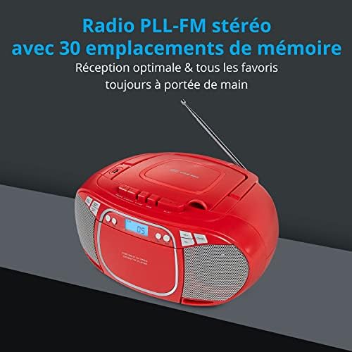 MEDION E66476 Stereo Sound System (Boombox, Lecteur CD, MP3, Cassette, Lecteur de Cassette Portable pour Enfants, Radio FM, AUX, écouteurs, Secteur & Batterie) Rouge – Image 2