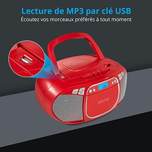 MEDION E66476 Stereo Sound System (Boombox, Lecteur CD, MP3, Cassette, Lecteur de Cassette Portable pour Enfants, Radio FM, AUX, écouteurs, Secteur & Batterie) Rouge – Image 3