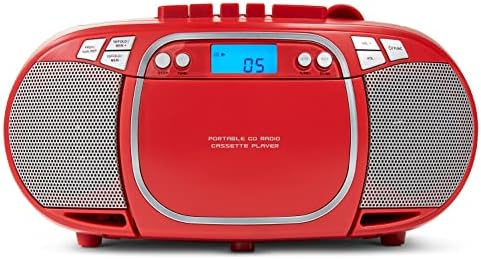 MEDION E66476 Stereo Sound System (Boombox, Lecteur CD, MP3, Cassette, Lecteur de Cassette Portable pour Enfants, Radio FM, AUX, écouteurs, Secteur & Batterie) Rouge
