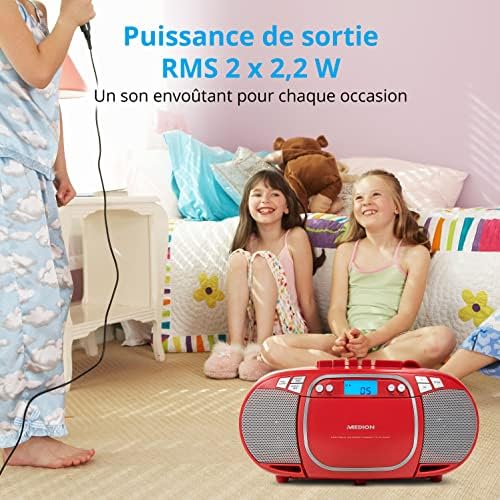 MEDION E66476 Stereo Sound System (Boombox, Lecteur CD, MP3, Cassette, Lecteur de Cassette Portable pour Enfants, Radio FM, AUX, écouteurs, Secteur & Batterie) Rouge – Image 5