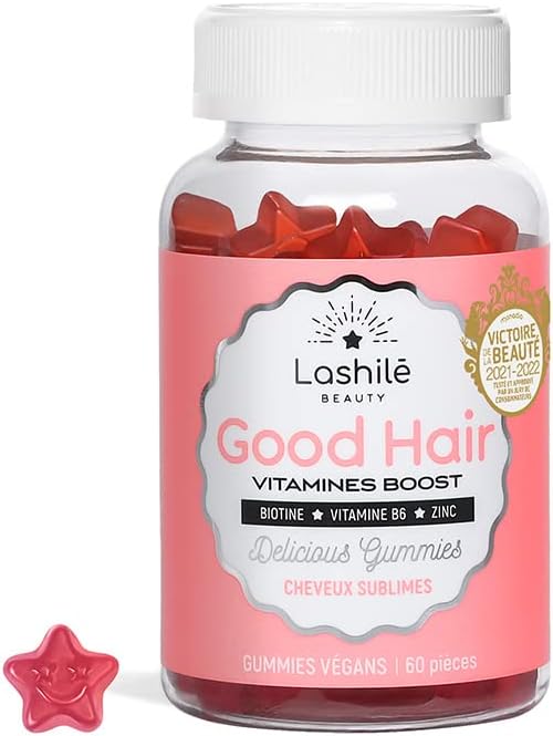 LASHILÉ BEAUTY - Compléments Alimentaires - Pousse des Cheveux - Good Hair Vitamins - Cure 1 mois - 60 Gummies - Fabrication Française - Biotine, Zinc, Vitamine E, Vitamine C, Vitamine B6…