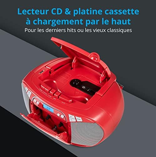 MEDION E66476 Stereo Sound System (Boombox, Lecteur CD, MP3, Cassette, Lecteur de Cassette Portable pour Enfants, Radio FM, AUX, écouteurs, Secteur & Batterie) Rouge – Image 4