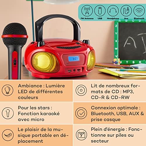 Auna Lecteur CD Portable Radio 3W, Boombox FM+ Bluetooth + AUX, Chaine HiFi Stéréo Mural a LED avec Micro, Poignée Transport, USB, MP3 & Bluetooth 5.0 Streaming, Poste Radio CD Player Adulte et Enfant – Image 2