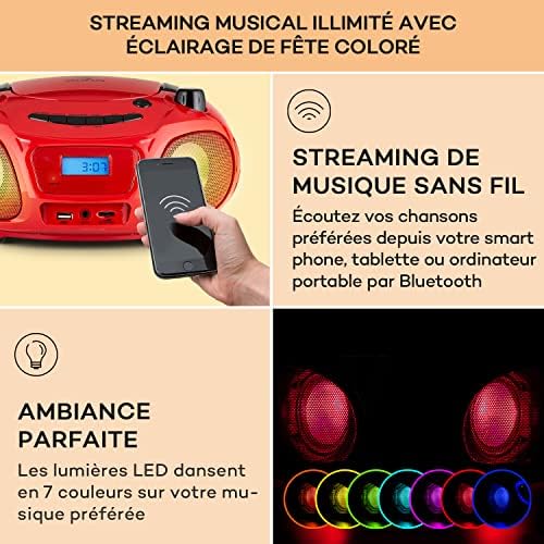Auna Lecteur CD Portable Radio 3W, Boombox FM+ Bluetooth + AUX, Chaine HiFi Stéréo Mural a LED avec Micro, Poignée Transport, USB, MP3 & Bluetooth 5.0 Streaming, Poste Radio CD Player Adulte et Enfant – Image 4