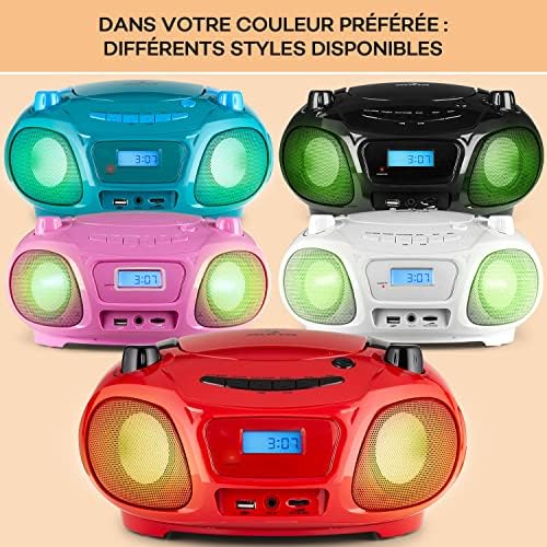 Auna Lecteur CD Portable Radio 3W, Boombox FM+ Bluetooth + AUX, Chaine HiFi Stéréo Mural a LED avec Micro, Poignée Transport, USB, MP3 & Bluetooth 5.0 Streaming, Poste Radio CD Player Adulte et Enfant – Image 7