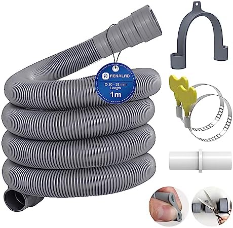REKALRO Tuyau lave-linge 1m, tuyau d'évacuation des eaux usées avec raccord de tuyau de vidange et 2 colliers de serrage, rallonge de tuyau de vidange Ø 20mm pour lave-linge lave-vaisselle