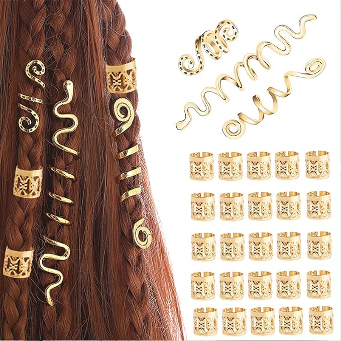 28 Pièces Perles Dreadlocks De Cheveux Vikings Spiral Coils En Métal,Bijoux Cheveux Tresse ,Pour Hommes Femmes(Or)