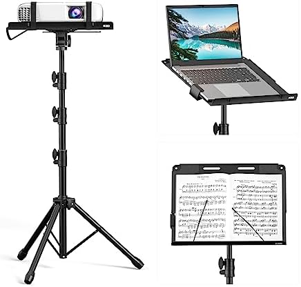 KDD Support Videoprojecteur -4 en 1 Pupitre Musique Pliable avec Bras à Ressort Trépied Ordinateur Portable Support Tablette avec Barre Coulissante- Hauteur Réglable de 59cm à 160cm & Rotation de 180°