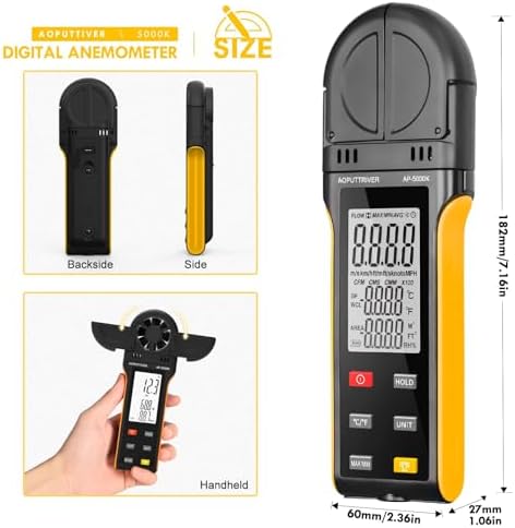 AOPUTTRIVER AP-5000K Anémomètre numérique hygromètre 6 unités de vitesse du vent avec grand écran LCD rétroéclairé MAX/MIN/AVG, mesure de l'humidité de la température, fonctions d'arrêt automatique – Image 3