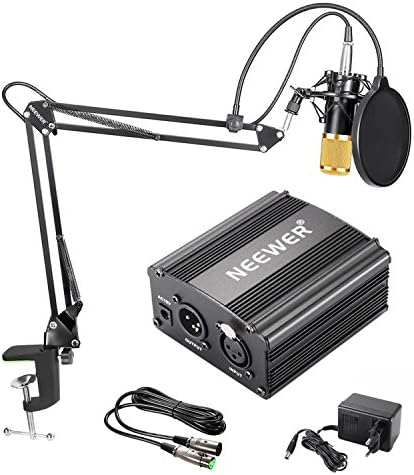 Neewer NW-800 Kit de Microphone à Condensateur - Micro Doré, 48V Alimentation Fantôme Noir, NW-35 Boom Support de Bras à Ciseaux avec Montage Choc et Filtre Pop, XLR Câble Mâle à Femelle