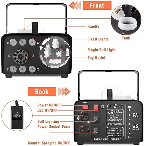 HAKUTA Machine à fumée avec boule disco lumineuse et lumières LED RGB, machine à fumée 600W 2300 CFM Spray avec fonction Auto-Spray, idéal pour Halloween, Noël, mariages – Image 5