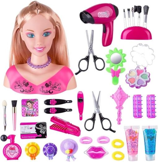 FULHOLPE Tete à Coiffer et Maquiller Enfant Pretend Playset 35 Pièces, 22cm Haut Styling Tête Poupée Coiffure Jouet avec Sèche-Cheveux pour Les Petits Filles