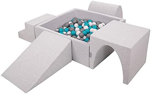 KiddyMoon Aire De Jeux en Mousse avec Carré Piscine À Balles (300 Balles) pour Enfants, Gris Clair: Gris/Blanc/Turquoise