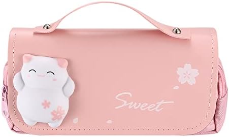 qiwuhai Trousse à Trois Compartiments pour Filles, Grande Trousse à Crayons, Trousse de Rangement Portable avec Mignons Chatons, Cadeau d'école pour Filles, Femmes et Adolescentes (Rose)