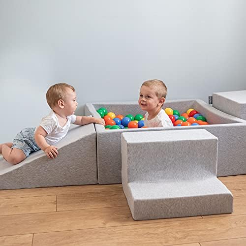 KiddyMoon Aire De Jeux en Mousse avec Carré Piscine À Balles (300 Balles) pour Enfants, Gris Clair: Gris/Blanc/Turquoise – Image 4