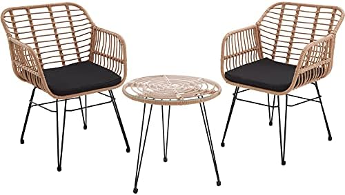 TecTake 800802 Salon de Jardin en Rotin 2 Personnes Résine Tressée Ensemble Table et Chaises Coussins d´Assise Amovibles – Diverses Couleurs (Marron Naturel)