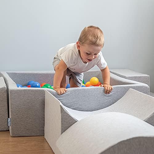 KiddyMoon Aire De Jeux en Mousse avec Carré Piscine À Balles (300 Balles) pour Enfants, Gris Clair: Gris/Blanc/Turquoise – Image 6