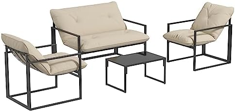 Outsunny Salon de Jardin 4 pièces 4 Personnes avec canapé 2 Places, 2 fauteuils et 1 Table Basse 3 Coussins pour terrasse Jardin - Acier Noir Polyester Beige