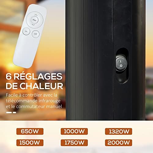 Outsunny Chauffage infrarouge ULG + sur pied 20 m² chauffage radiant électrique chauffage d'appoint sans CO₂ protection IPX5 6 niveaux de chaleur 650/1000/1320/1500/1750/2000W télécommande fournie – Image 4