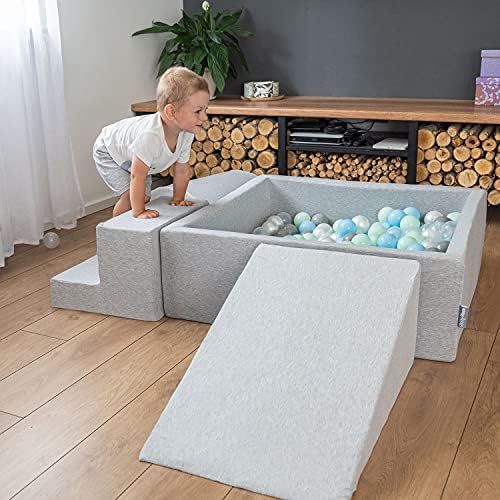 KiddyMoon Aire De Jeux en Mousse avec Carré Piscine À Balles (300 Balles) pour Enfants, Gris Clair: Gris/Blanc/Turquoise – Image 7