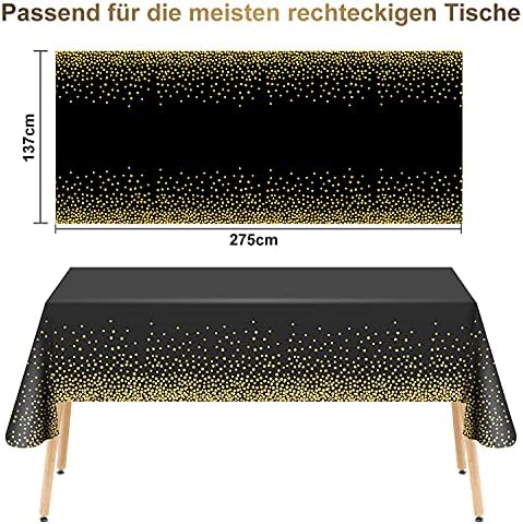 Lot de 4 nappes jetables noires et dorées pour table rectangulaire - Confettis dorés - Pour pique-nique, mariage, fête d'anniversaire, Noël, remise de diplôme, cocktail, 137 x 275 cm - Or noir – Image 3