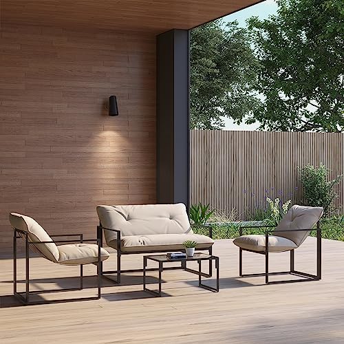 Outsunny Salon de Jardin 4 pièces 4 Personnes avec canapé 2 Places, 2 fauteuils et 1 Table Basse 3 Coussins pour terrasse Jardin - Acier Noir Polyester Beige – Image 2