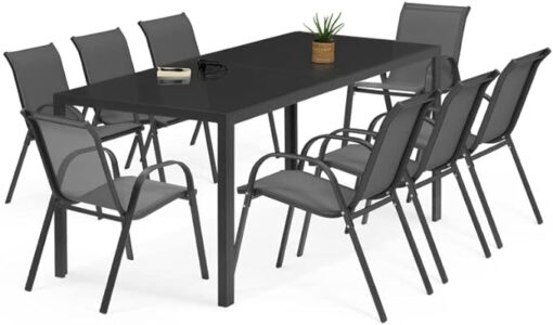 IDMarket - Salon de Jardin Madrid Table 190 CM et 8 chaises empilables Gris Anthracite