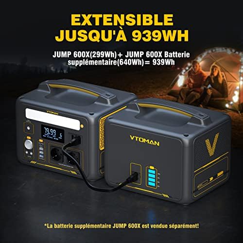 VTOMAN Jump 600X Station d'alimentation portable 600W, générateur solaire LiFePO4 de 299Wh avec capacité extensible, 2×prises AC, USB-C PD 60W, 3×prises DC régulées 12V/10A – Image 4
